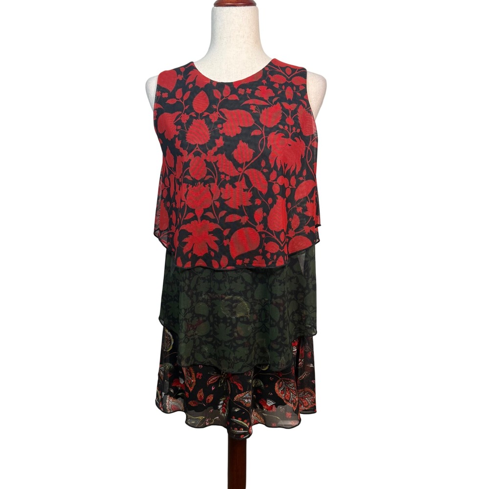 Desigual Layered Mesh Floral Dress Womens Medium Red Green Boho Artsy Whimsigoth